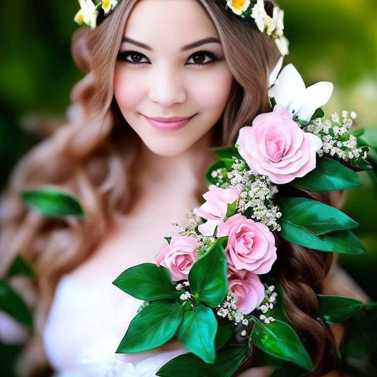 Smiling woman with floral headpiece and curly hair on green background