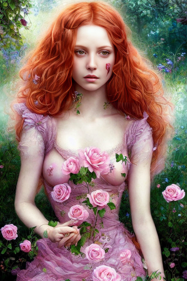 Vibrant red-haired woman in purple dress with tear-shaped gem in mystical rose garden