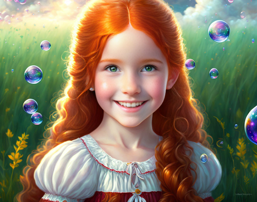 Young girl with red hair in white dress surrounded by bubbles in green field