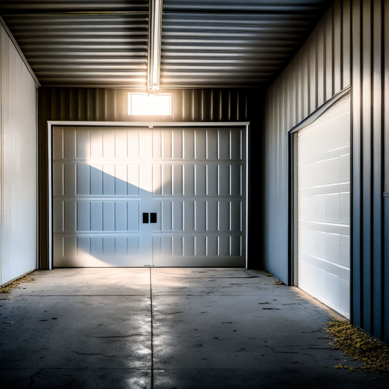 Brightly lit garage with white doors, concrete floor, and metal walls in sunlight