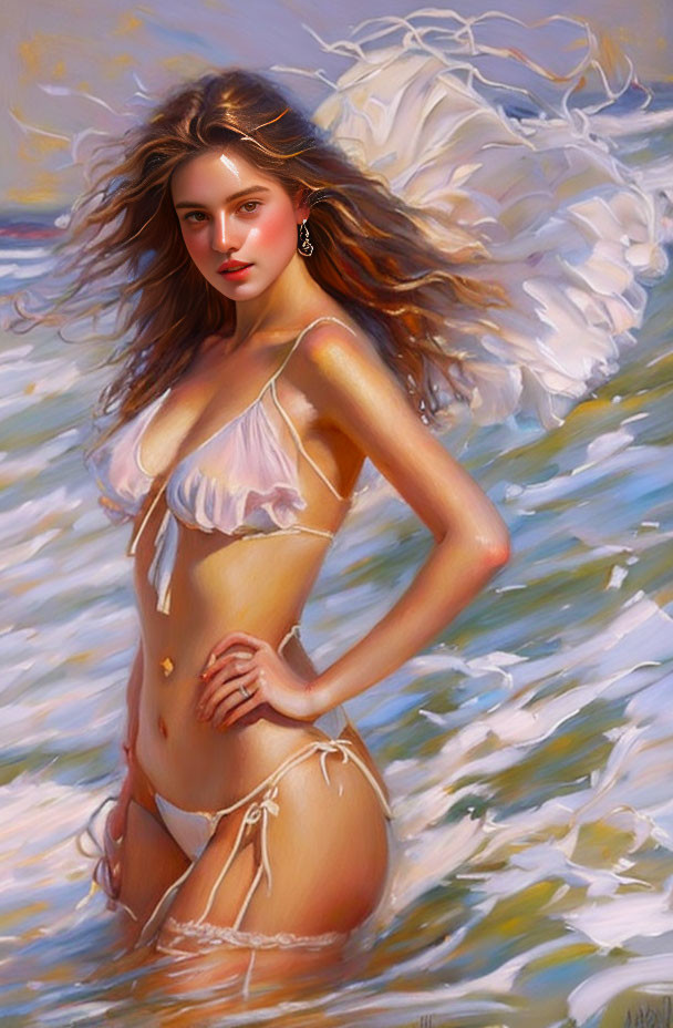 Fantasy painting of winged woman in white bikini by the sea