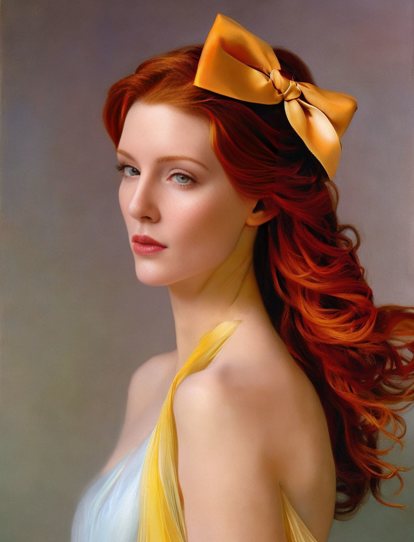 Red-haired woman in blue dress with yellow ribbon gazes left on neutral backdrop