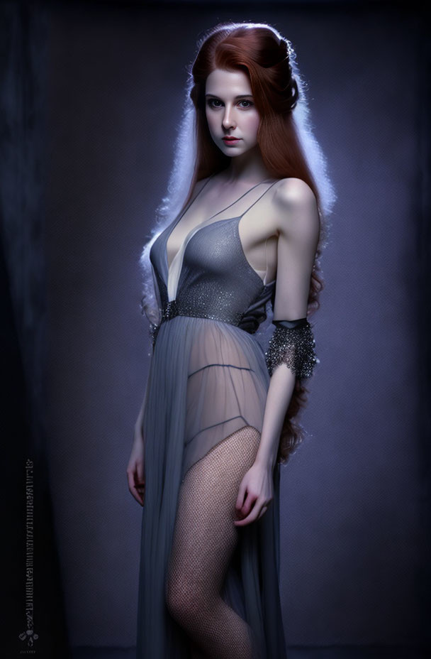 Long Red-Haired Woman in Gray Dress on Moody Background