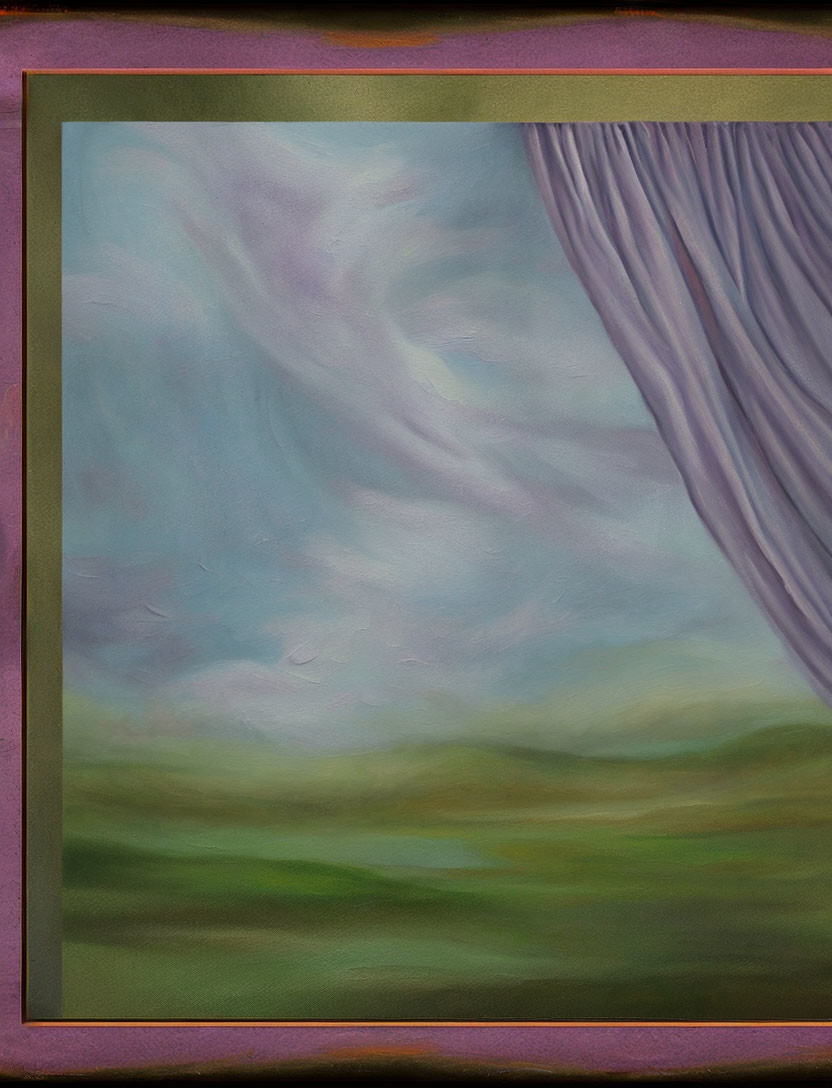 Abstract landscape painting with pastel sky and draped purple curtain.