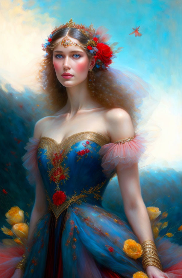 Woman in blue and gold dress with red floral accents and gold tiara in dreamy setting