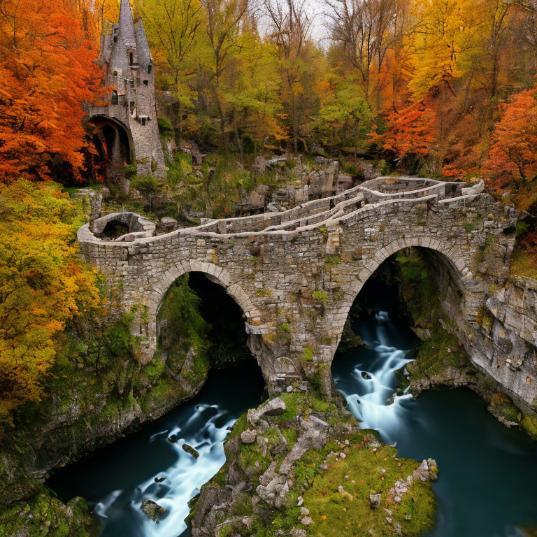 Ancient stone bridge with dual arches over river in autumn setting.