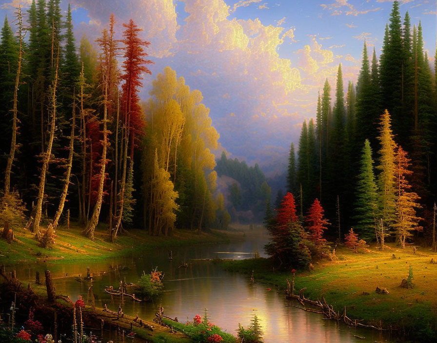 Tranquil river in dense forest with mixed trees under golden sky