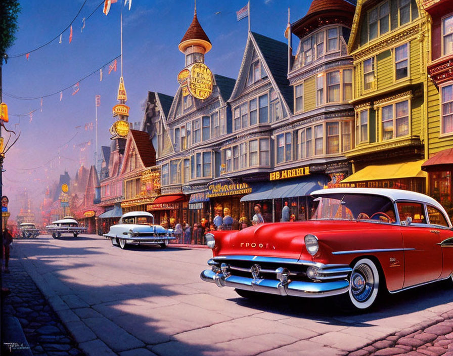 Vintage cars and colorful Victorian buildings in vibrant street scene.