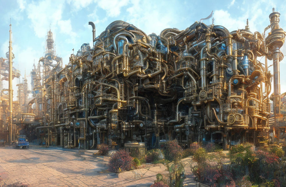 Detailed Steampunk Cityscape with Brass Pipes and Gears