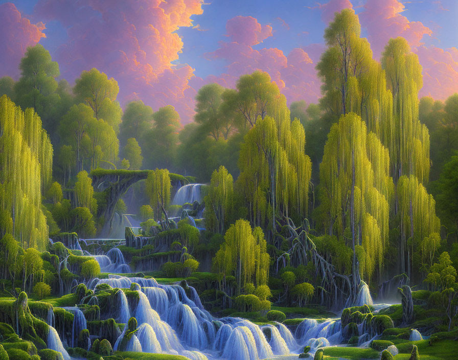 Tranquil landscape with cascading waterfalls, weeping willows, and pink-hued dusk