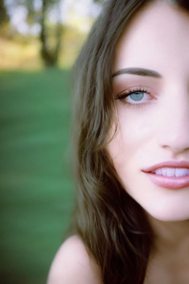 Portrait of Woman with Blue Eyes and Soft Smile on Green Background