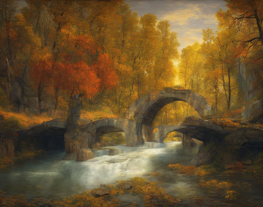 Ancient stone bridge over serene creek in vibrant autumn forest