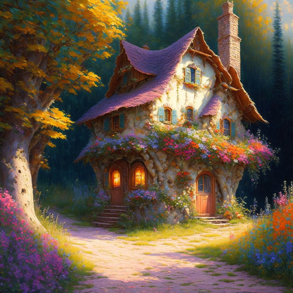 Thatched Roof Cottage in Forest Clearing with Colorful Flowers