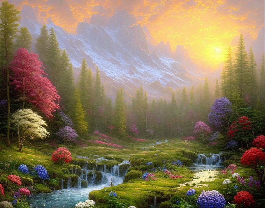 Scenic landscape with river, waterfalls, colorful trees, and mountain at sunset