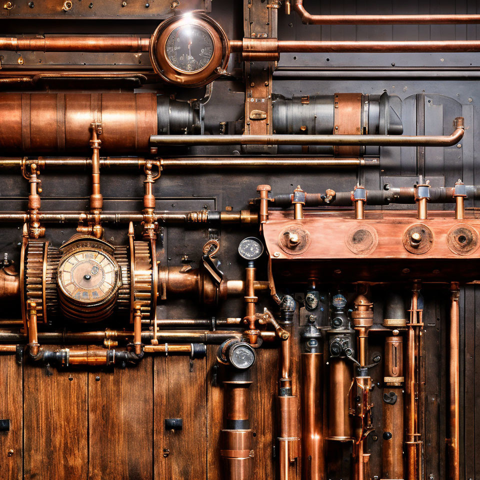 Vintage-Style Steampunk Background with Pipes, Dials, and Gauges