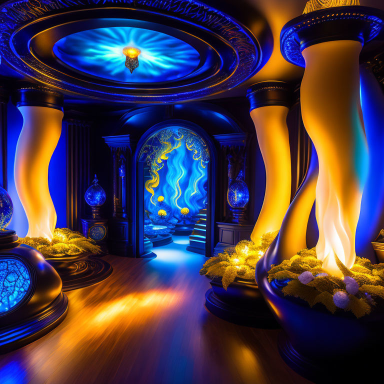 Fantasy room with blue and gold lighting and ornate pillars