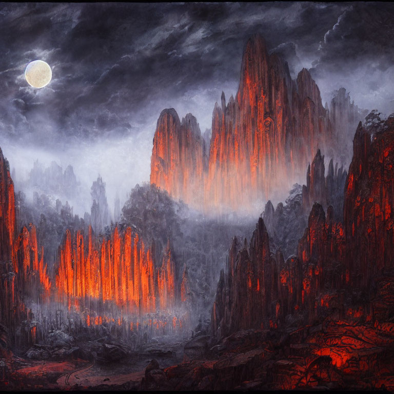 Volcanic landscape at night: glowing lava, jagged peaks, full moon