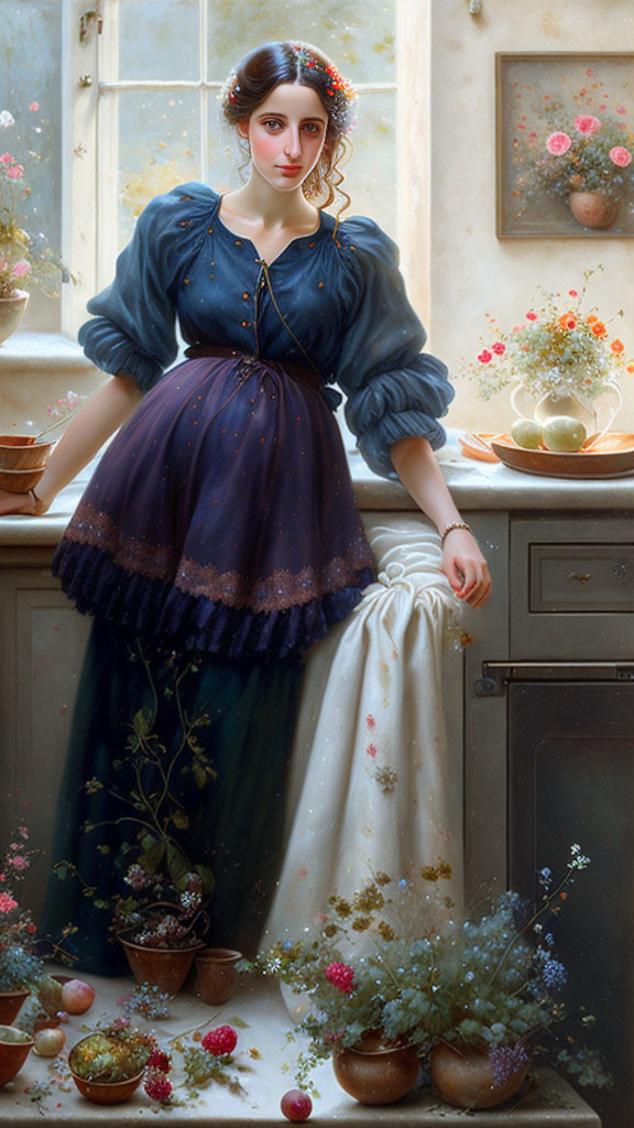 Vintage Blue Dress Woman Surrounded by Flowers and Ceramic Pots