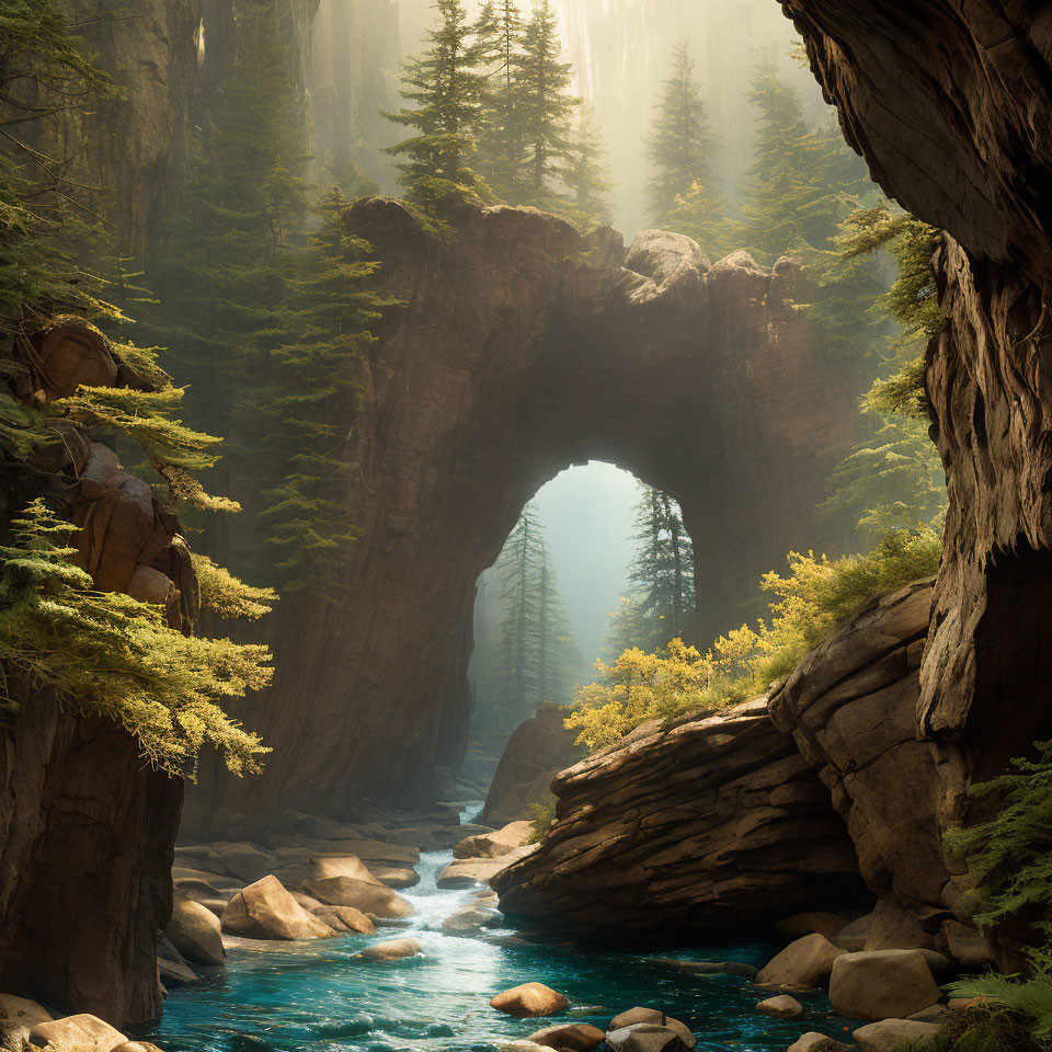 Sunlit Rocky Canyon with Serene River and Arch Formation