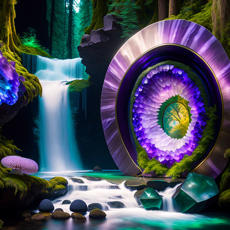 Vibrant digital art: Waterfall scene with geode forest, mushrooms, crystals