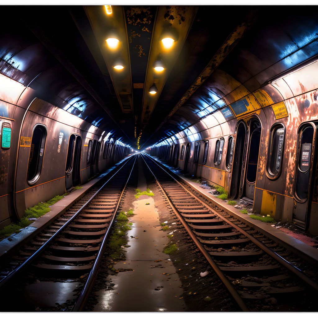 Graffiti-covered subway tunnel with single track, lit by ceiling lights