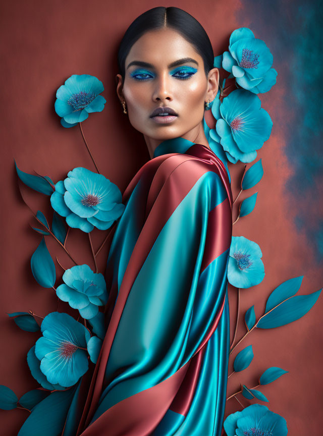 Woman with blue makeup in red and teal fabric surrounded by flowers on red backdrop