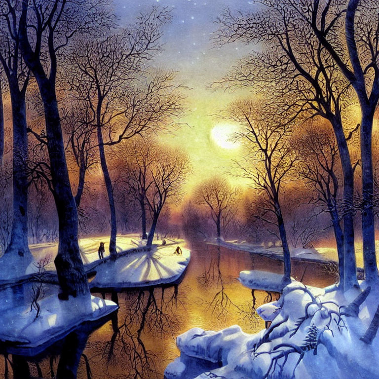 Snow-covered Winter Landscape: Moonlit River and Frozen Ground