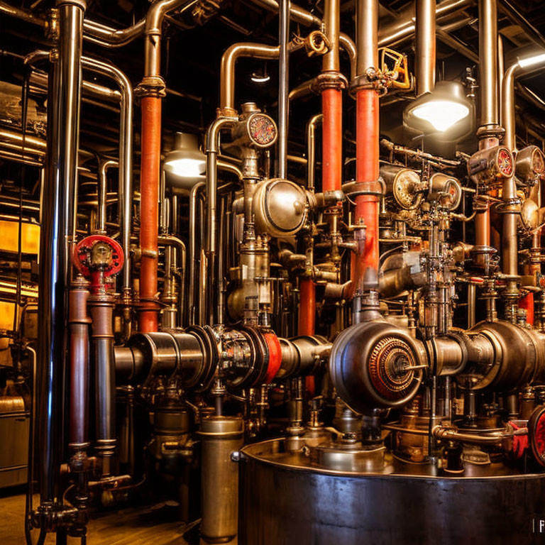 Vintage industrial setting with shiny metal pipes, valves, and dials