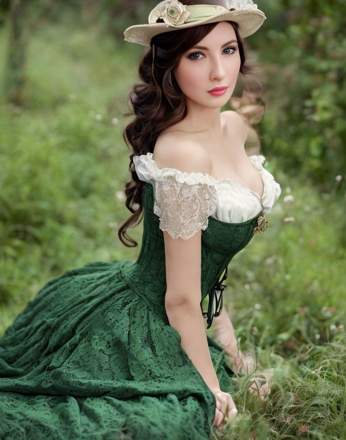 Vintage Green Dress with Lace Details and Hat in Romantic Setting