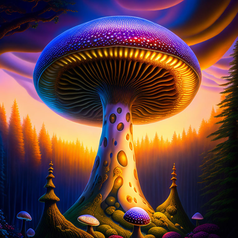 Giant vividly colored mushroom in mystical forest under swirling purple sky