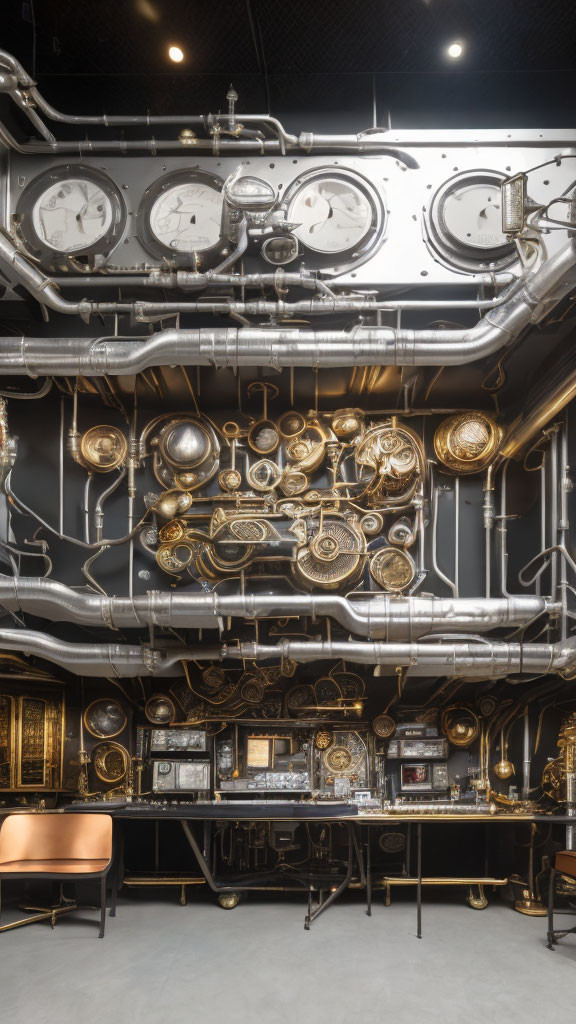 Steampunk-inspired interior with brass pipes, vintage furniture, and intricate mechanical details