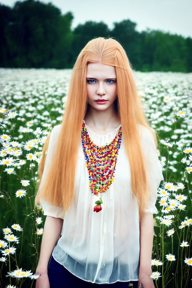 Blonde Woman in White Blouse Among Daisies