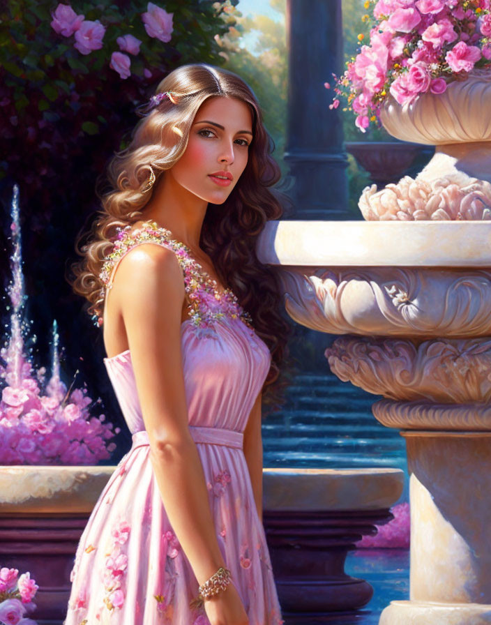 Woman in Pastel Pink Gown by Marble Fountain