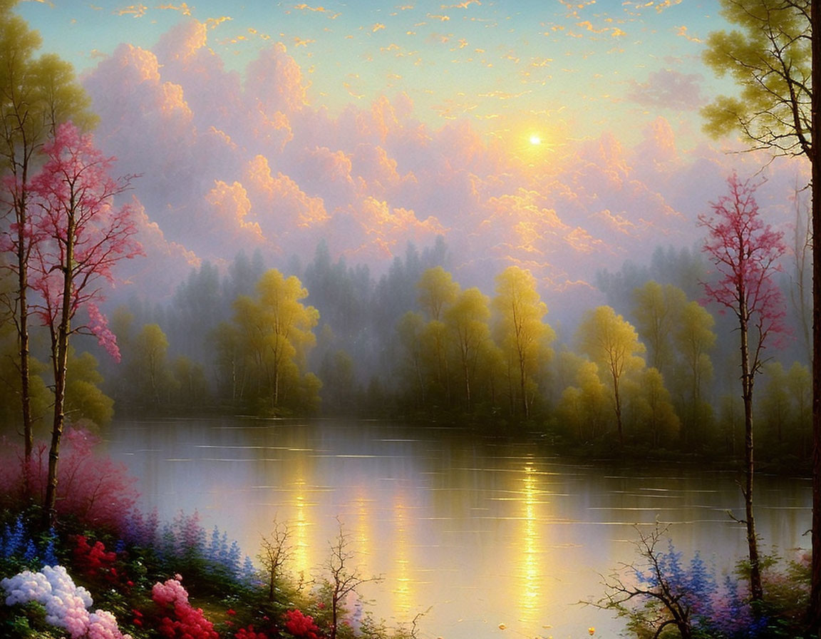 Serene Sunrise Scene: River, Trees, and Sun Glow