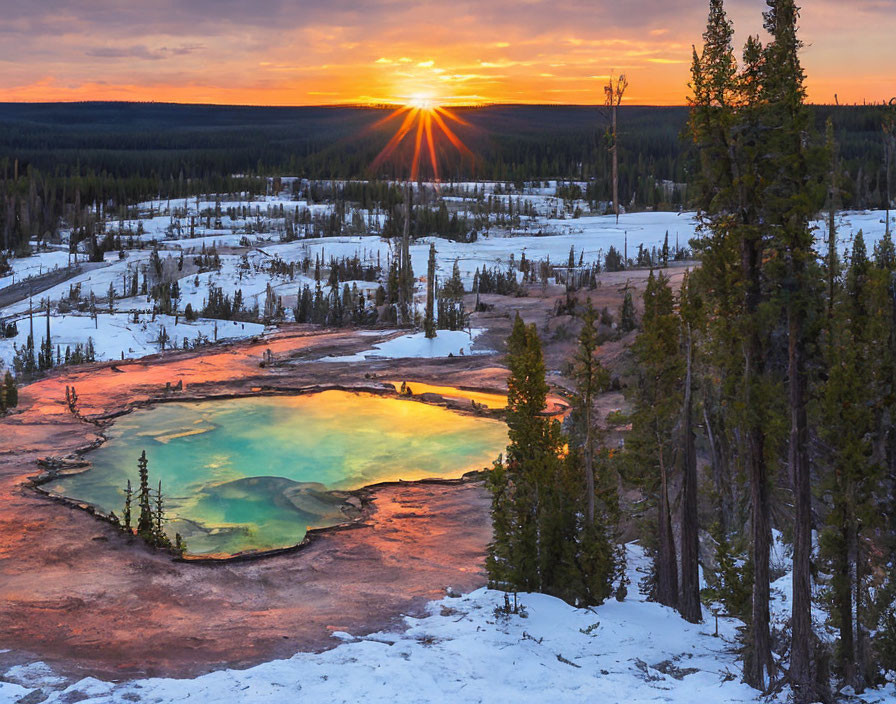 Vibrant geothermal pool at snowy sunset