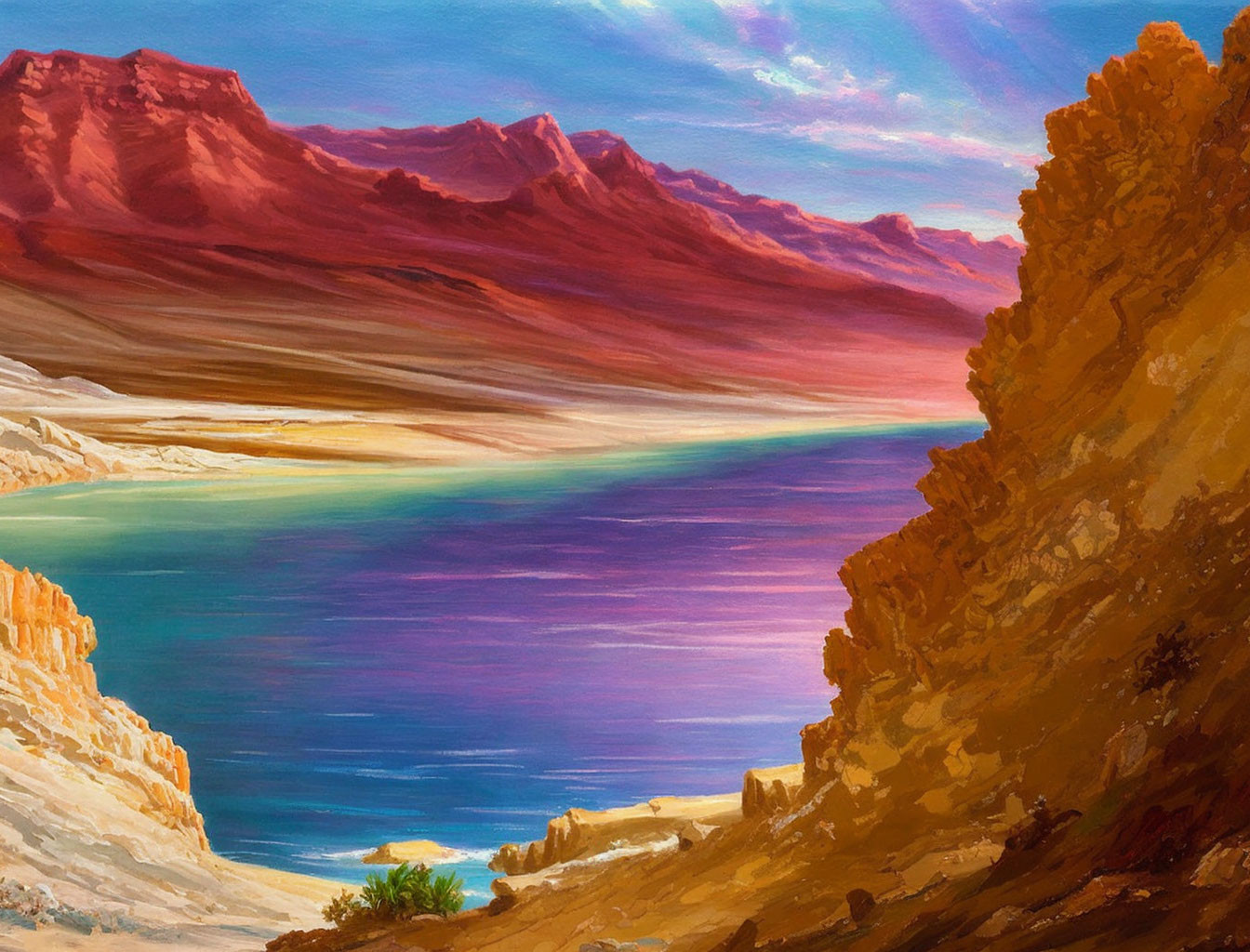 Scenic painting of tranquil lake with rainbow sheen and red rocky mountains