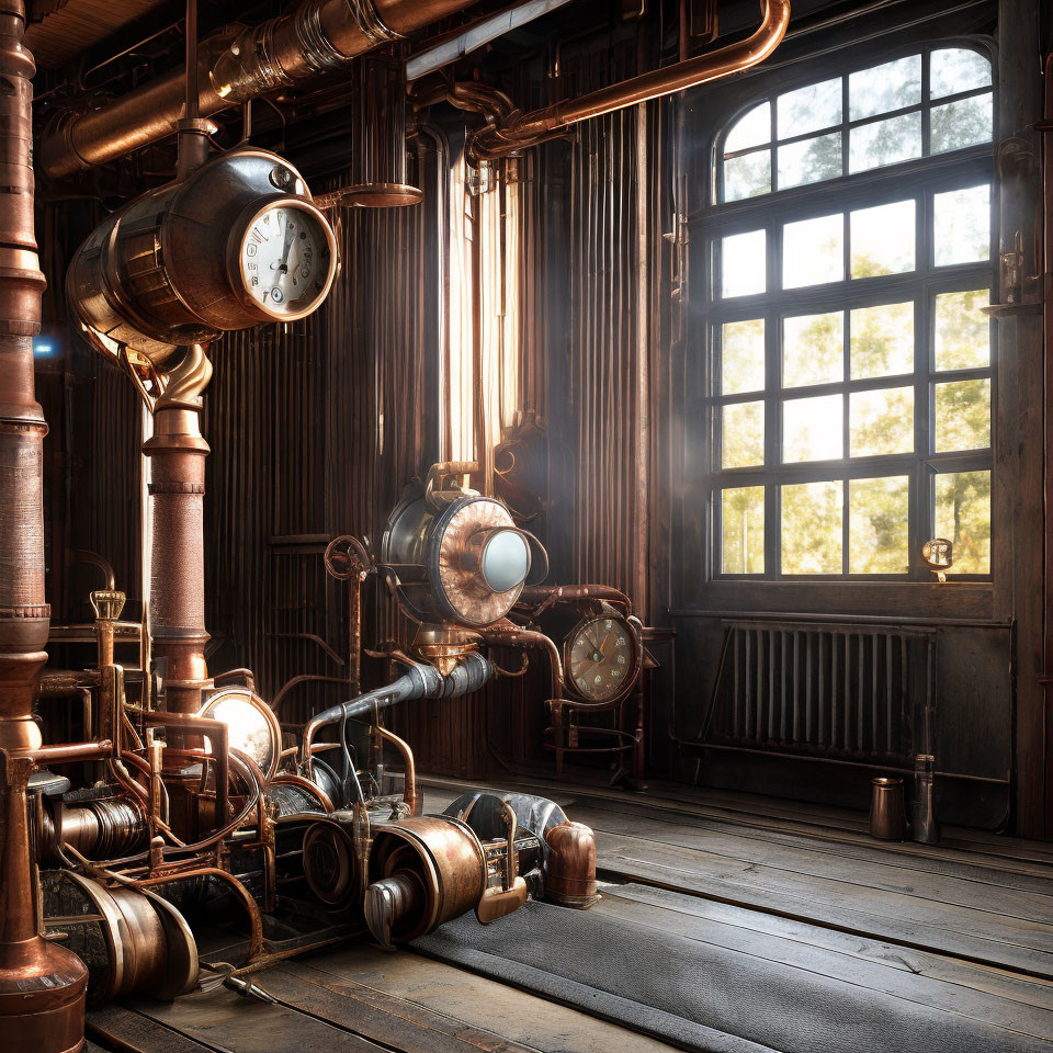 Steampunk-style room with copper pipes and machinery in warm sunlight