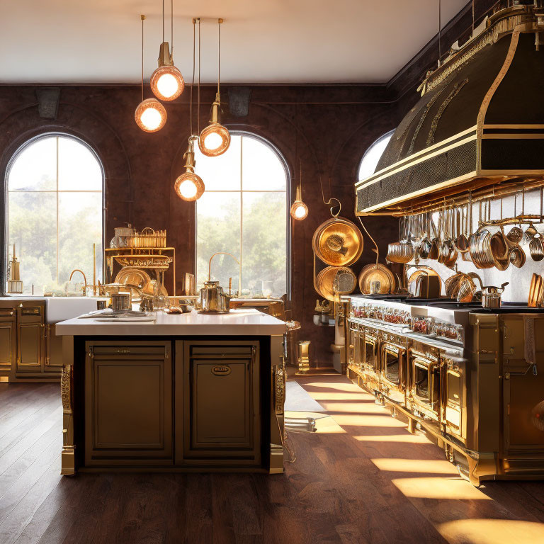 Luxurious Kitchen with Copper Accents, Chandeliers, Large Island, Arched Windows