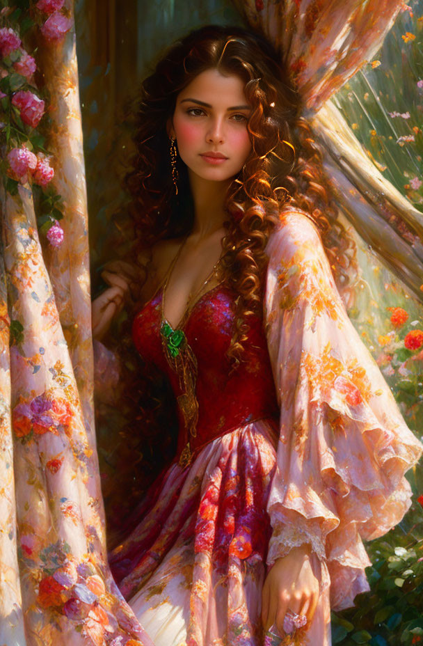 Curly-haired woman in red floral gown by sunlit rose curtain