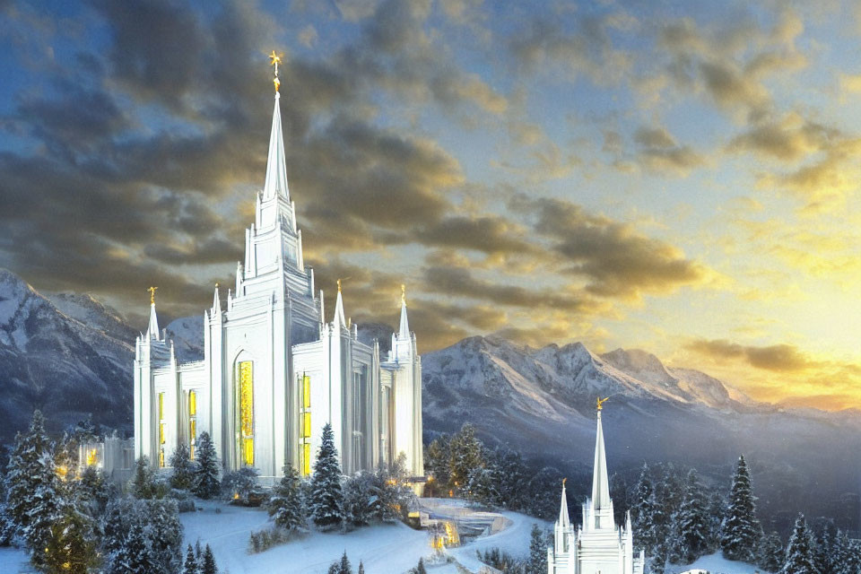 Illuminated church with white spires in snowy mountain setting