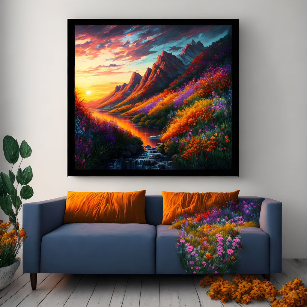 Colorful sunset painting above blue sofa with orange cushions and potted plant