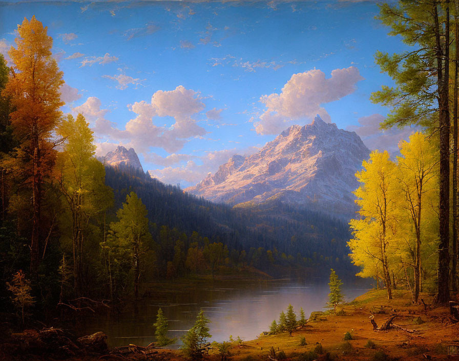 Tranquil landscape painting of river, autumn trees, mountains, and cloudy sky