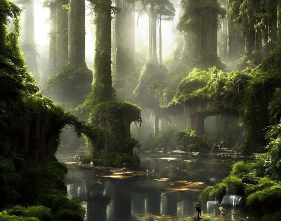 Tranquil forest scene with river, mist, and sunlight