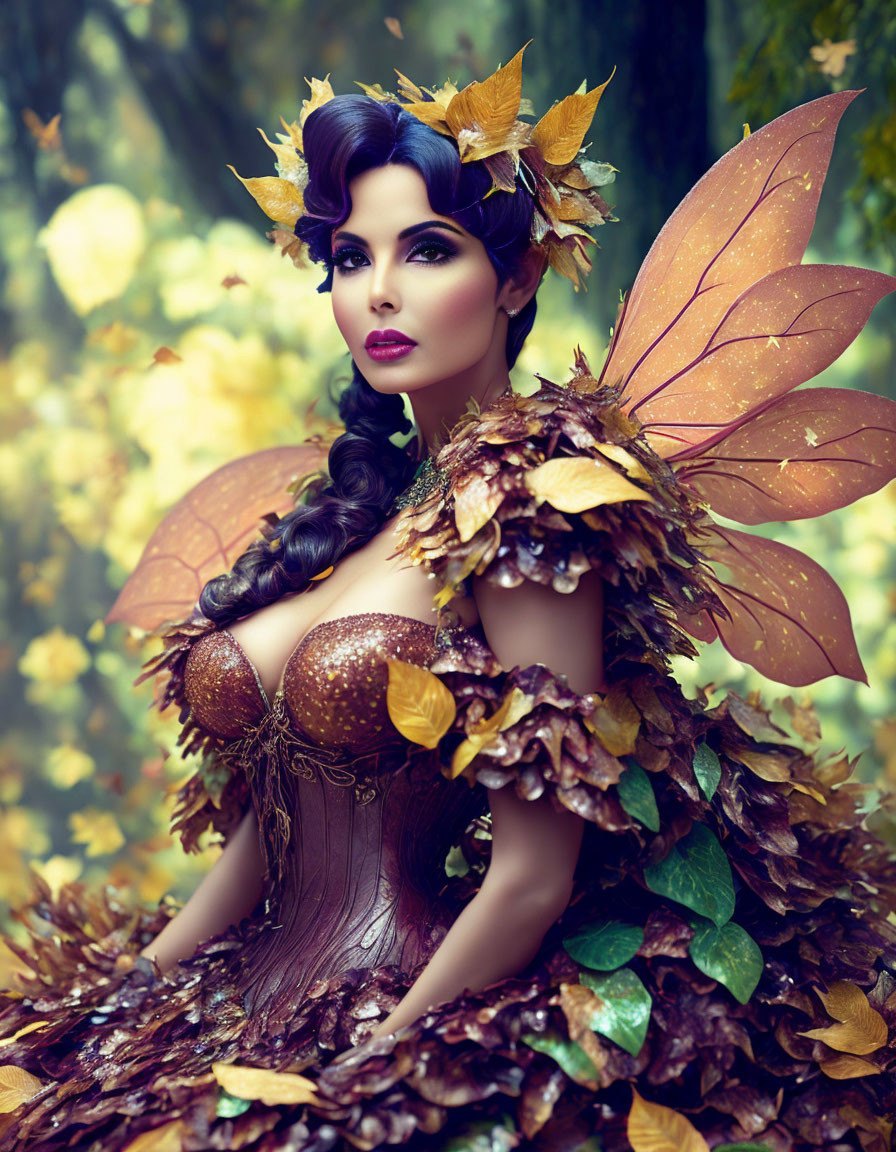 Woman in Fairy Costume with Autumn Leaf Wings in Mystical Forest