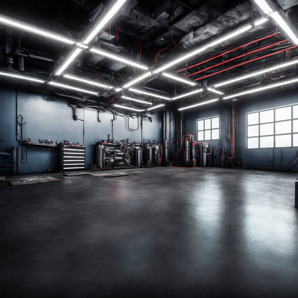 Sleek modern industrial gym with organized equipment and bright interior