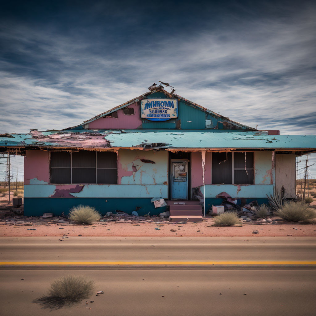 Decaying pastel-painted building under cloudy sky with "Miracle" sign, boarded windows,