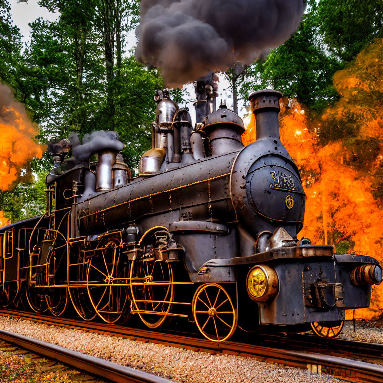 Vintage Steam Locomotive with Billowing Smoke and Flames on Tracks