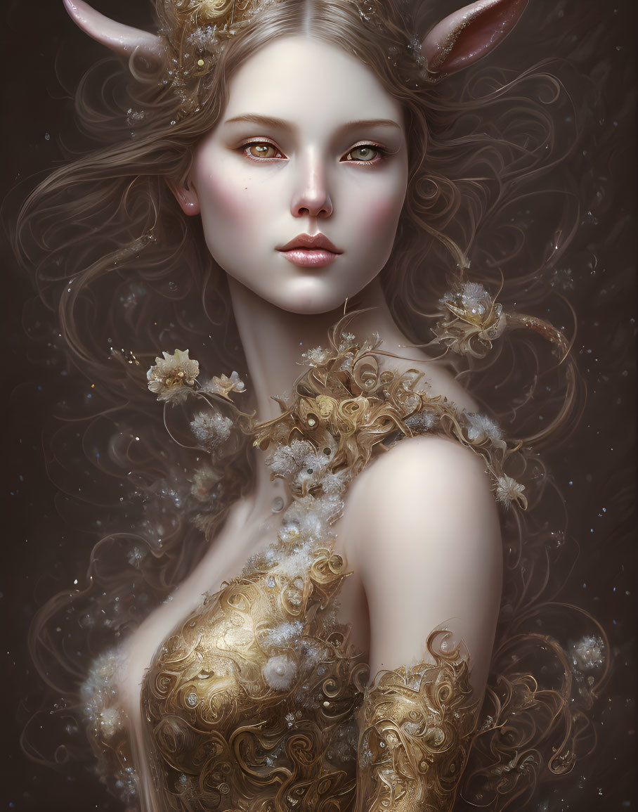 Fantasy portrait of woman with horns in golden attire and mystical aura.