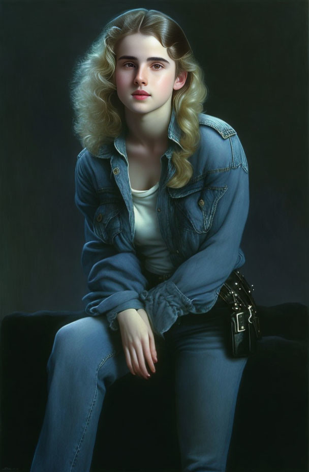 Blonde-Haired Youth in Denim Jacket Against Dark Background