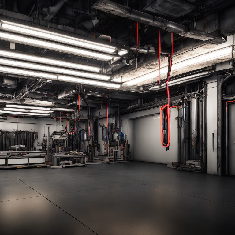 Industrial Facility with Neat Piping and Ductwork in Red and Gray Tones